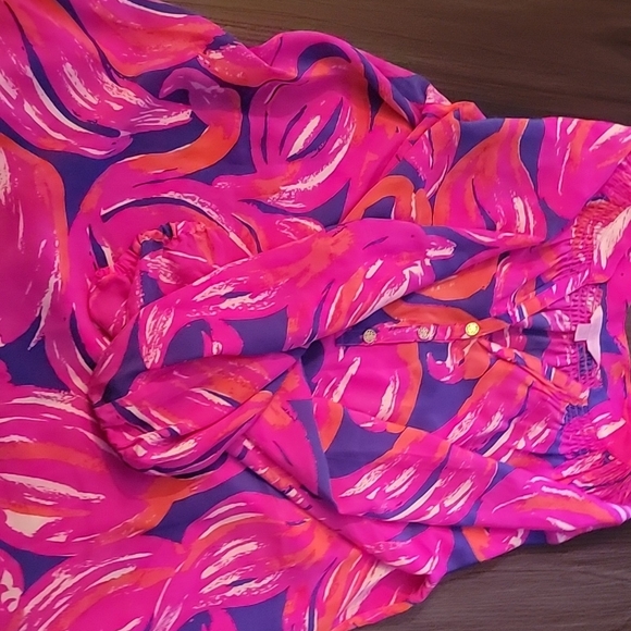 Lilly Pulitzer SMALL Elsa 100 % Silk Flamingo Print Top Blouse Pink Blue Comfy - Picture 1 of 2